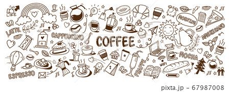 cute doodle cartoon coffee shop icons. vector outline hand drawn for coffee and bakery for cafe menu, including supply item and equipment isolated on white background. drawing style 67987008