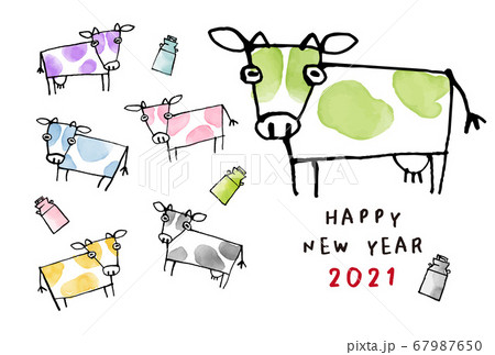 丑年 21年 カラフルな乳牛のシンプル手描き年賀状イラストのイラスト素材