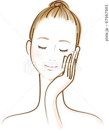 頬に化粧水を含ませたコットンをつける女性のイラスト素材