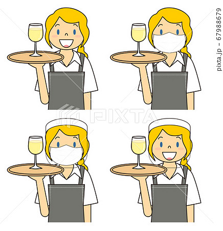 飲食店の若い女性店員 マスク フェイスシールド セット イラスト 67988679