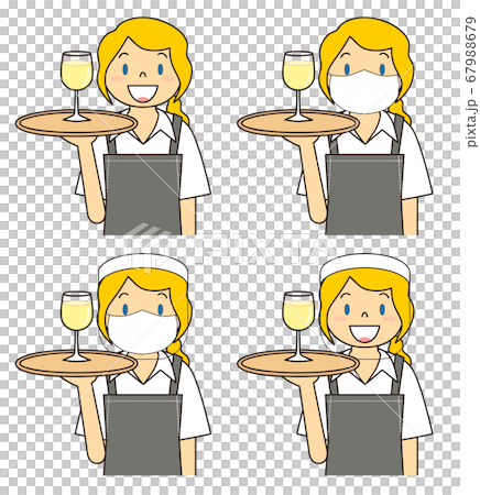 飲食店の若い女性店員 マスク フェイスシールド セット イラスト 67988679