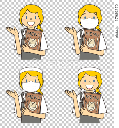 Young female shop assistant in restaurant mask face shield set illustration Young female shop assistant in restaurant mask face shield set illustration 67989270