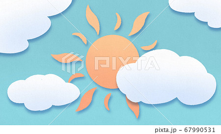 雲に隠れた太陽の立体的なかわいいイラスト　天気　晴れ　ペーパーカットの背景装飾　色画用紙 67990531
