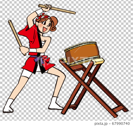 イラスト 手描き 女性 お祭り はっぴ 和太鼓のイラスト素材