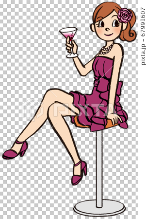イラスト 手描き ビジネス 女性 私服 ドレス ドリンク 椅子に座る 乾杯のイラスト素材