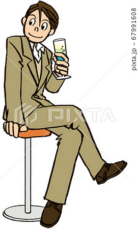 イラスト 手描き ビジネス 男性 スーツ ドレス ドリンク 椅子に座る 乾杯のイラスト素材
