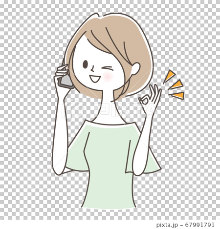 スマホで話しながらOKサインを出す女性 67991791