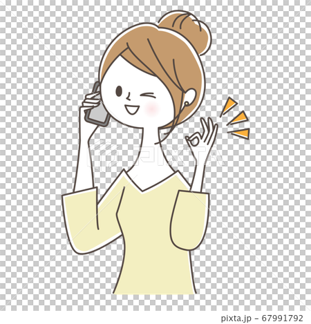 スマホで話しながらOKサインを出す女性 スマホで話しながらOKサインを出す女性 67991792