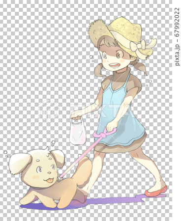 Illustration of a girl walking with a dog on a summer day Illustration of a girl walking with a dog on a summer day 67992022