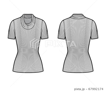 Ribbed cowl turtleneck knit sweater technical fashion illustration with short rib sleeves, close shape, tunic length.  67992174
