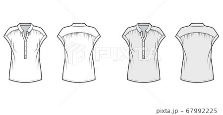 Henley top technical fashion illustration with loose silhouette, regular colar, sleeveless, gentle pleats. Henley top technical fashion illustration with loose silhouette, regular colar, sleeveless, gentle pleats. 67992225