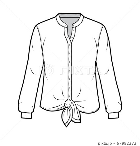 Shirt technical fashion illustration with curved mandarin stand collar, long sleeves, tie hem. Shirt technical fashion illustration with curved mandarin stand collar, long sleeves, tie hem. 67992272