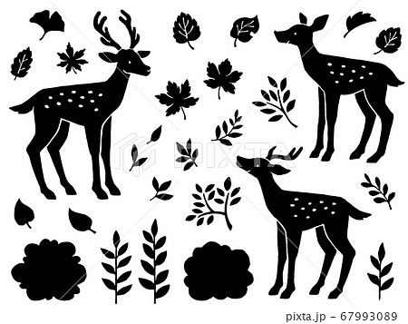鹿と葉っぱの手描きシルエットセットのイラスト素材