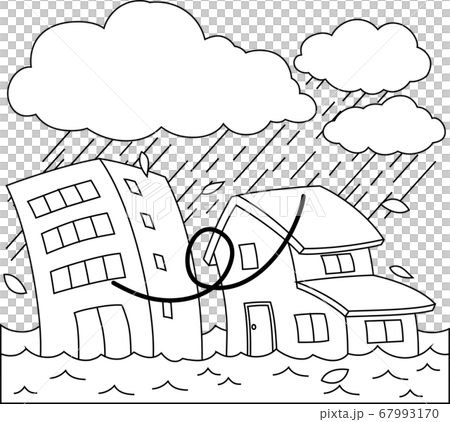 洪水 大雨 浸水被害 ビル 家 氾濫危険水位のイラスト素材