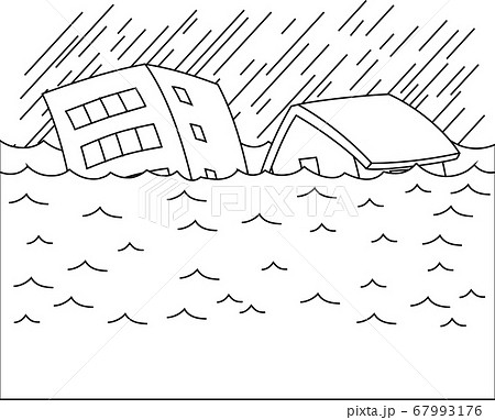 洪水 大雨 浸水被害 ビル 家 氾濫危険水位のイラスト素材