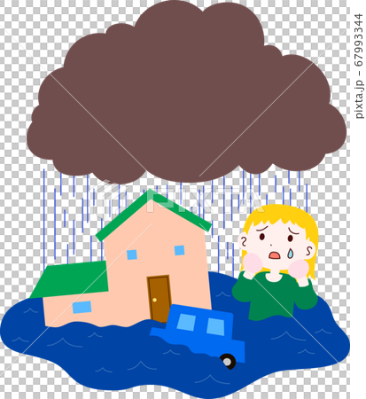 Flood inundation damage river flooded woman crying abnormal weather 67993344