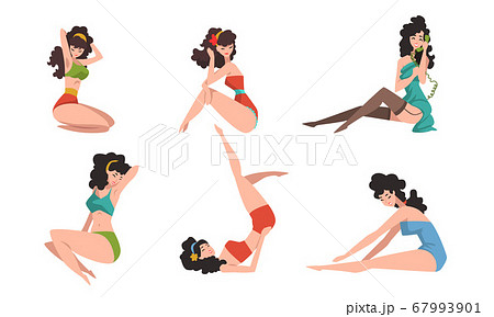 Seductive Pin up Girls Set, Beautiful Brunette Sensual Young Women Dressed Lingerie Sitting and Posing Cartoon Style Vector Illustration 67993901