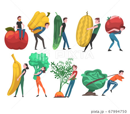People Carrying Giant Vegetables and Fruits, Male and Female Farmers Characters Harvesting on Farm Vector Illustration 67994750