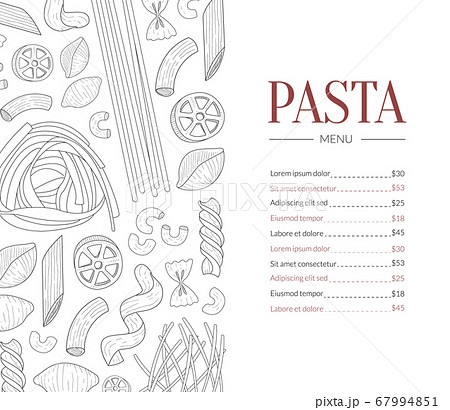 Pasta Menu Template, Traditional Italian Cuisine Dish Restaurant and Cafe Menu Hand Drawn Vector Illustration 67994851