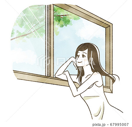 窓の外を眺める女性のイラスト素材
