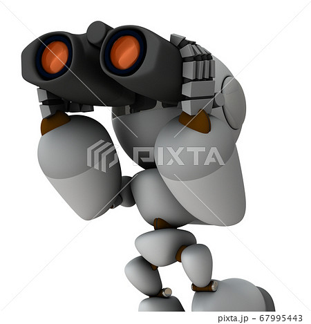 先見の明 双眼鏡を覗く人工知能のロボット 3dレンダリング のイラスト素材