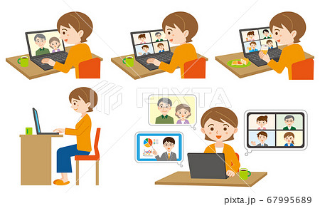 自宅のノートパソコンでオンライン作業をする若い女性のイラストセット/白背景 67995689