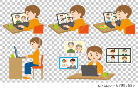 自宅のノートパソコンでオンライン作業をする若い女性のイラストセット/白背景 67995689