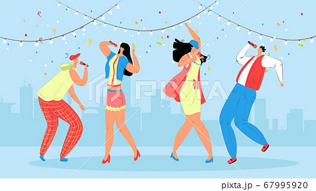 Karaoke people vector Illustration. Festive party for young people. Group teenagers enjoy dancing on stage, singing to microphone. 67995920