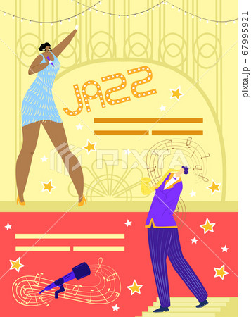 Jazz poster vector illustration. Entertainment party at retro style festival. Musicians give concert. Woman perform hit on stage. 67995921
