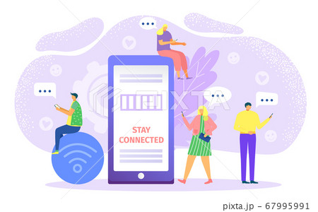 Character at mobile network social media, online person near smartphone vector illustration. Man woman with phone internet 67995991