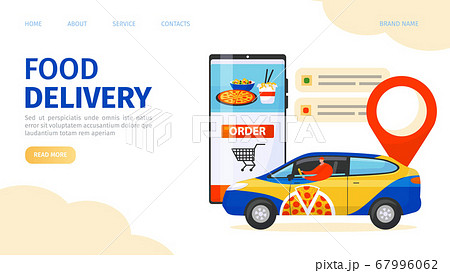 Delivery service app, online food order vector illustration. Logistic product shipping by car near large smartphone with internet. 67996062