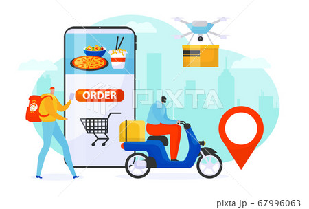 Courier fast food delivery service, vector illustration. Express order shipping by man at bike, drone and transport. Online flat 67996063