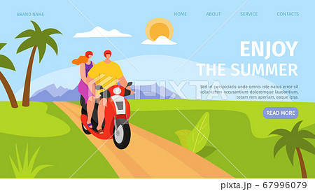 Enjoy summer landing banner, couple at scooter vector illustration. Man woman ride motorcycle, cartoon travel website page. Enjoy summer landing banner, couple at scooter vector illustration. Man woman ride motorcycle, cartoon travel website page. 67996079