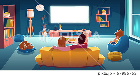 Family Sitting On Sofa And Watch Tv In Living Roomのイラスト素材