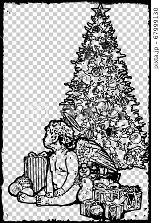 Xmas 天使 クリスマスカード 白黒 クリスマスツリー プレゼントのイラスト素材