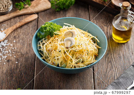 Russian salad wood grouse nest with potato chips Russian salad wood grouse nest with potato chips 67999297