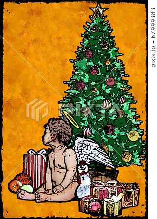 Xmas 天使 クリスマスカード 黄 緑 クリスマスツリー プレゼント のイラスト素材