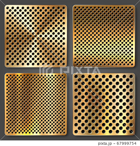Realistic perforated brushed metal textures set. Polished stainless steel background. Vector 67999754
