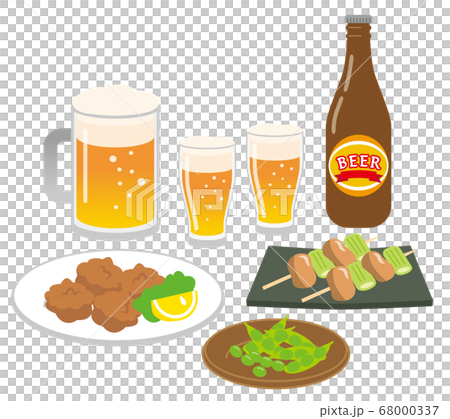 ビールとおつまみのイラストセット 白背景のイラスト素材