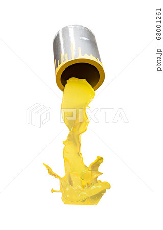 Two metal buckets pouring red and yellow paint 68001261