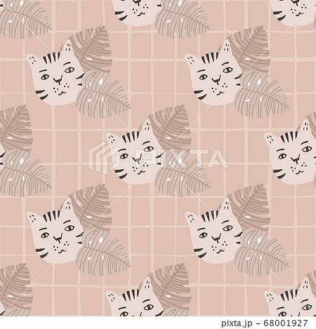 Pale seamless pattern with cats and monstera. 68001927