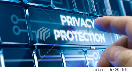 Privacy Protection - Man Pushing Button on Futuristic Interface. 68002630