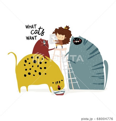 Girl with his beloved cat on white background Girl with his beloved cat on white background 68004776