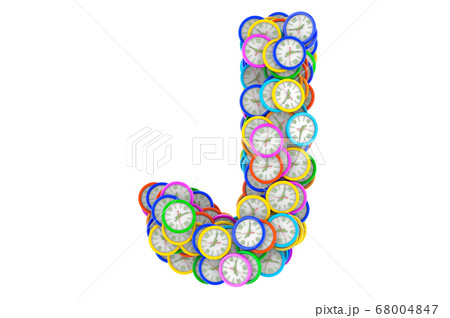Letter J from colored wall clocks, 3D rendering Letter J from colored wall clocks, 3D rendering 68004847