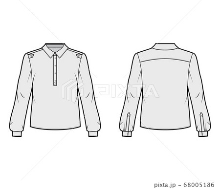 Henley shirt technical fashion illustration with buttoned placket, shoulder epaulettes, classic military style 68005186