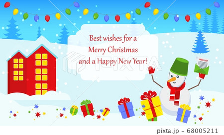 Bright Christmas card with characters for holiday decorations. Bright Christmas card with characters for holiday decorations. 68005211