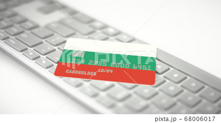 Plastic bank card depicting flag of Bulgaria on computer keyboard. Fictional numbers Plastic bank card depicting flag of Bulgaria on computer keyboard. Fictional numbers 68006017