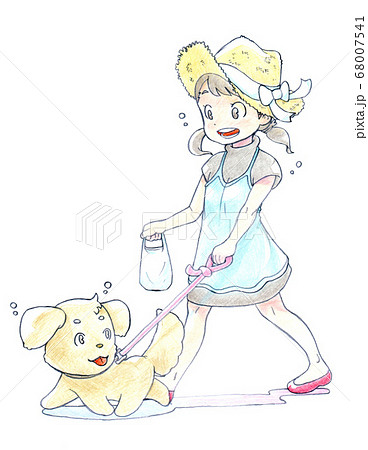夏の日に犬を散歩させる女の子のイラスト 色鉛筆画 のイラスト素材