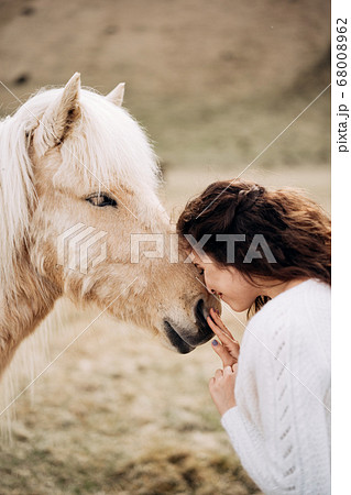 The bride in a white wedding dress strokes a white horse in the face. Destination Iceland wedding photo session with Icelandic horses. The bride in a white wedding dress strokes a white horse in the face. Destination Iceland wedding photo session with Icelandic horses. 68008962