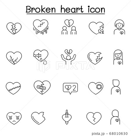 Broken heart, heartbreak icon set in thin line 68010630